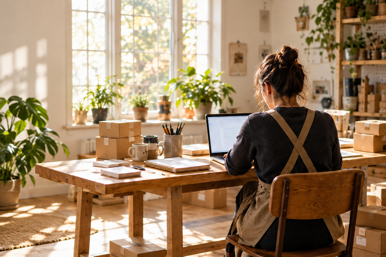 Small-business owner working on a laptop at a sunlit workshop desk surrounded by parcels and stationery.