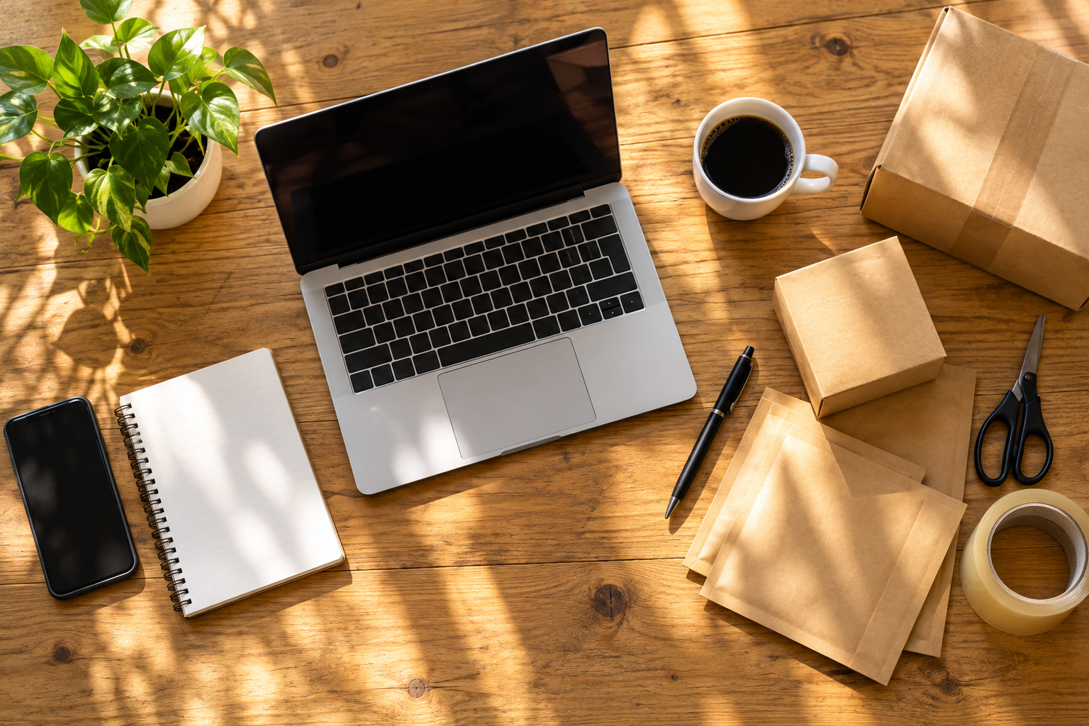 Overhead view of a wooden workspace with a laptop, notebook, coffee, parcels and packing tools.
